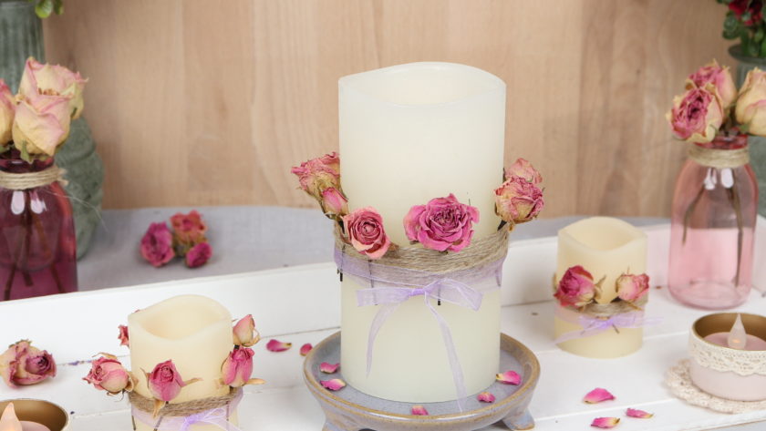 LED-Kerze dekorieren: Romantische Kerzendeko mit getrockneten Rosen