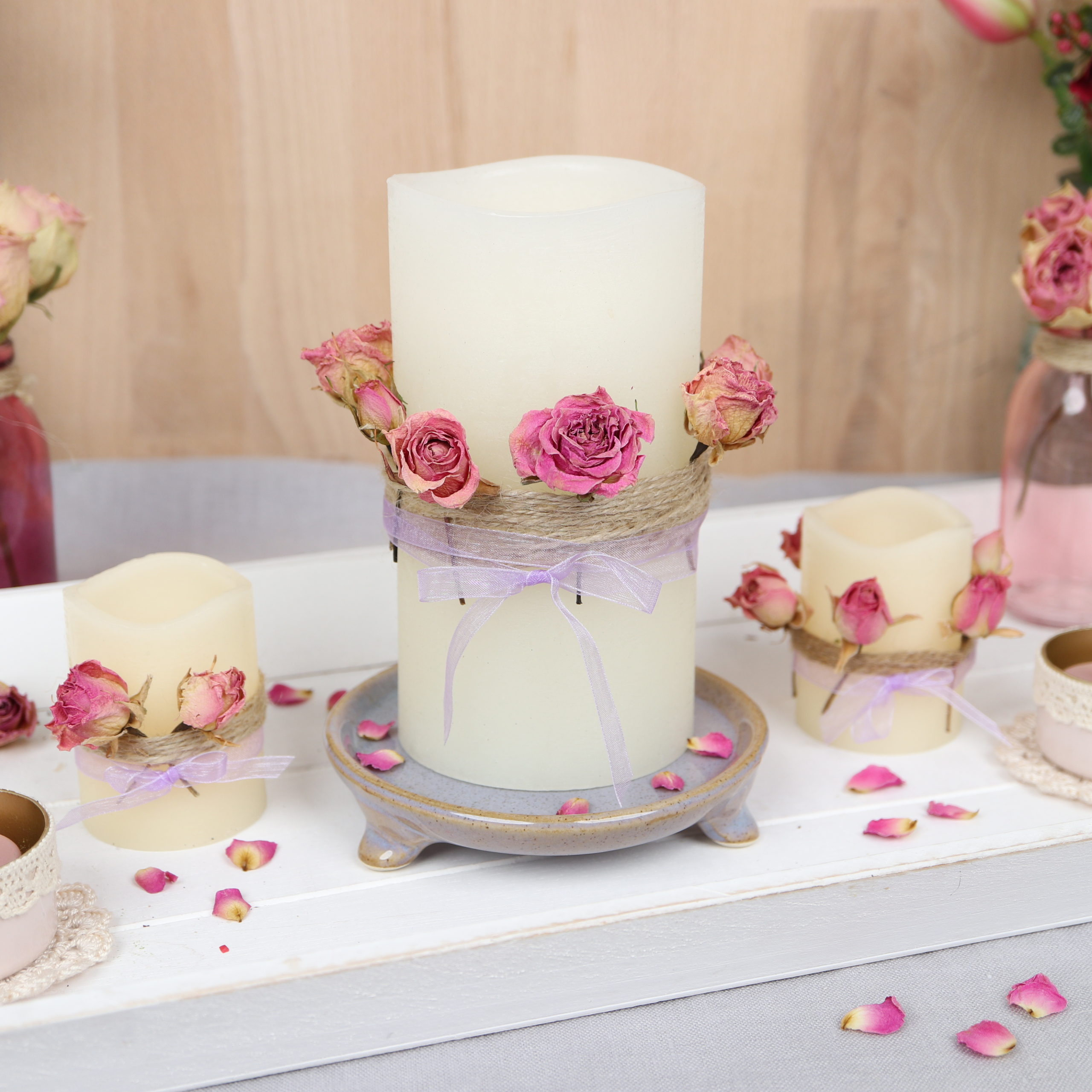 dekorieren: Kerzendeko Romantische mit Rosen DIY getrockneten LED-Kerze |